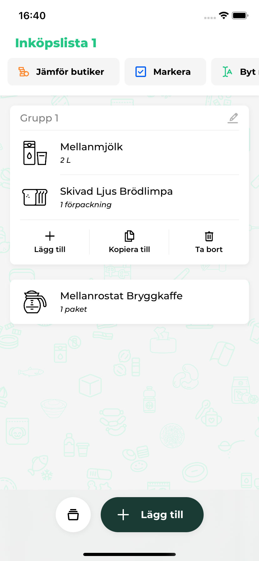 Grocery list with items grouped by category