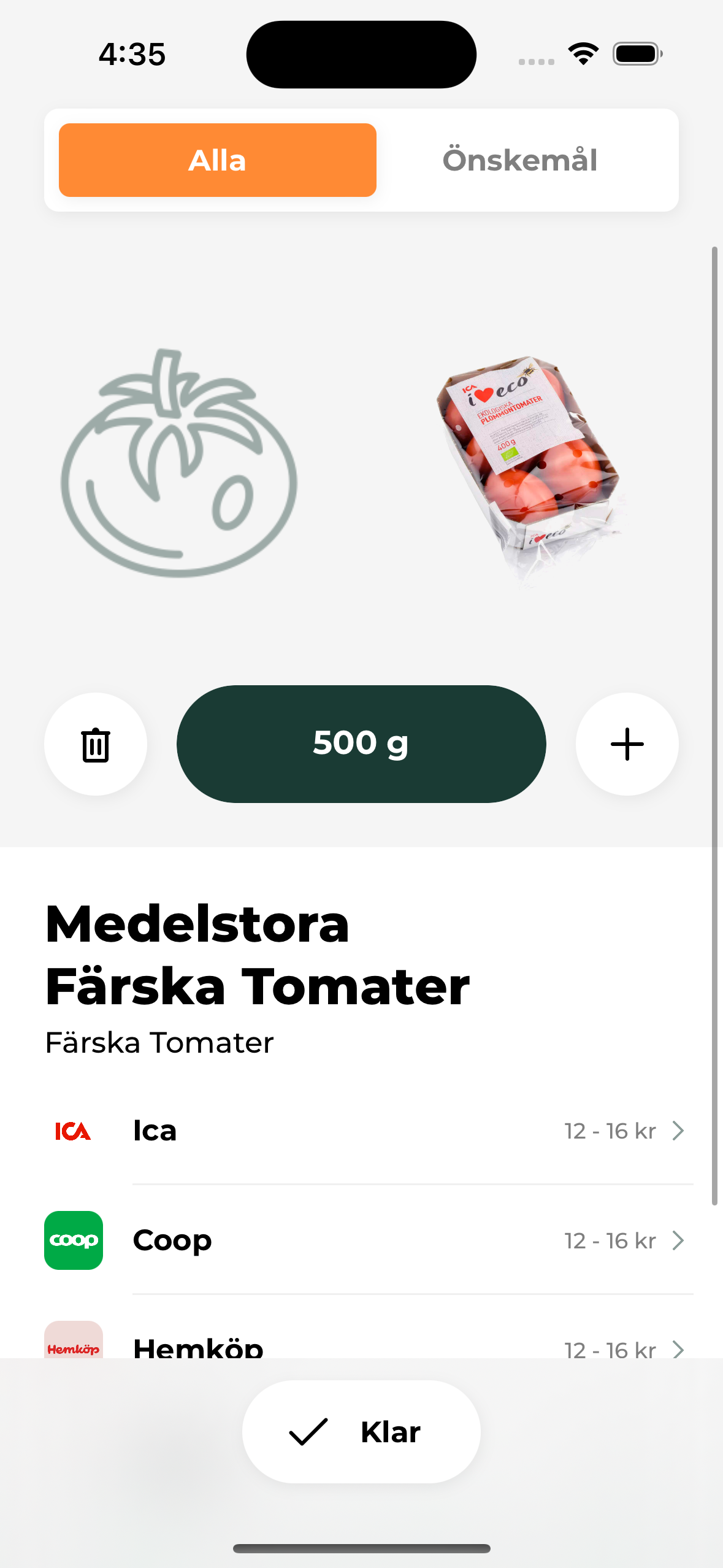 Product detail for tomatoes with price comparison across ICA, Coop and Hemköp