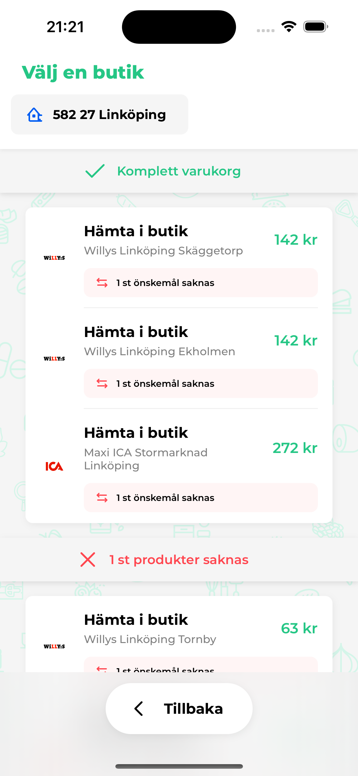 Brand comparison for milk showing ICA, Coop, Arla and more with prices