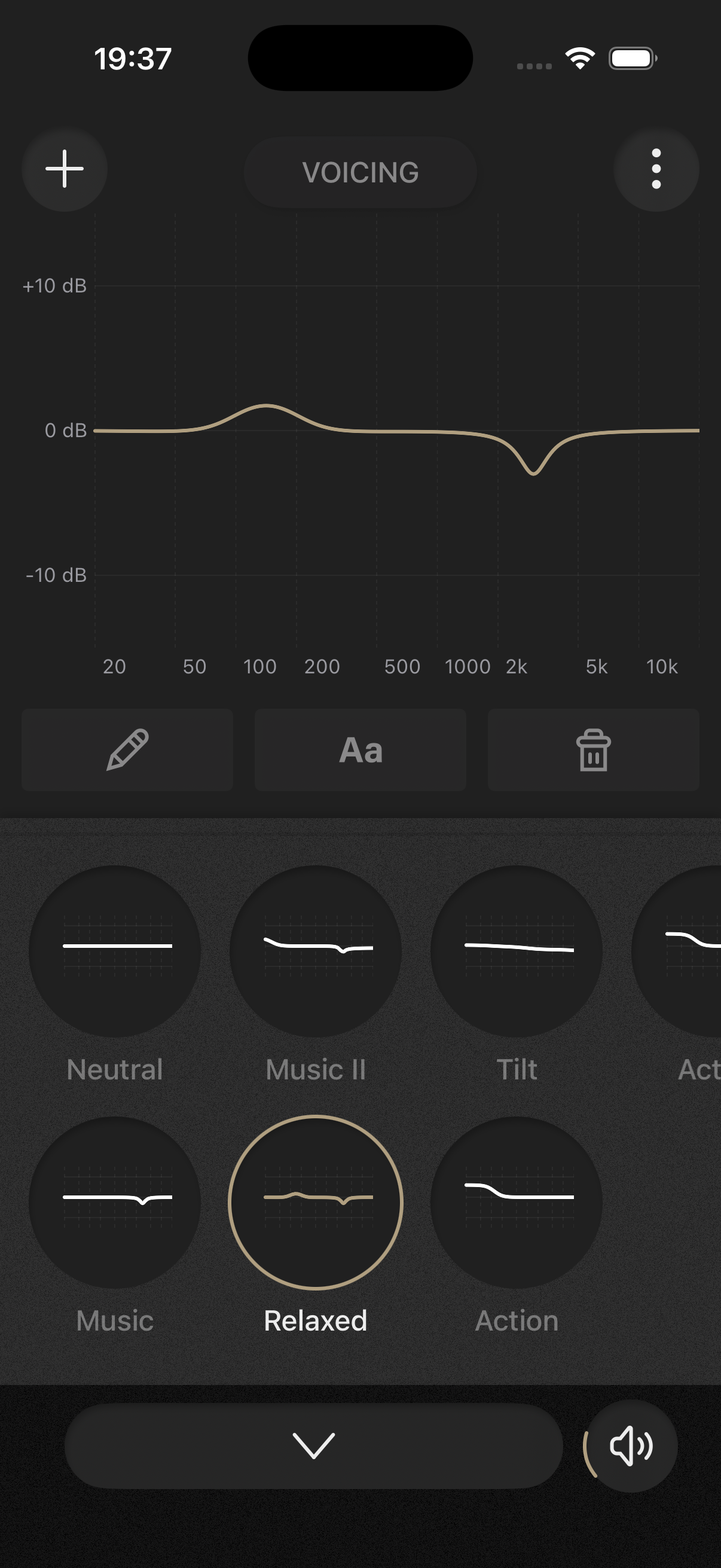 Voicing screen with EQ curve and sound presets