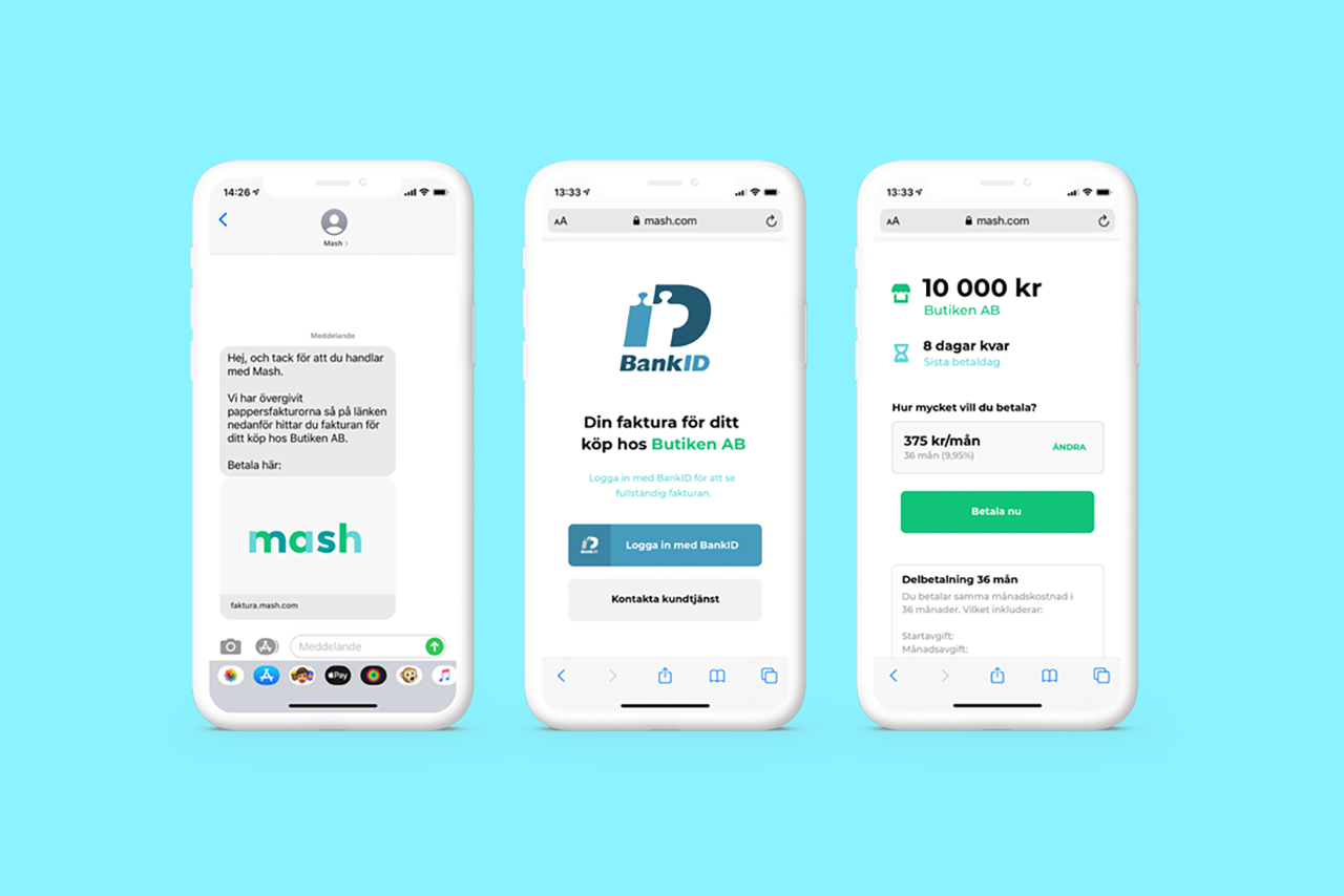 Three phones showing Mash invoice flow: SMS, BankID login, and payment page with installment options