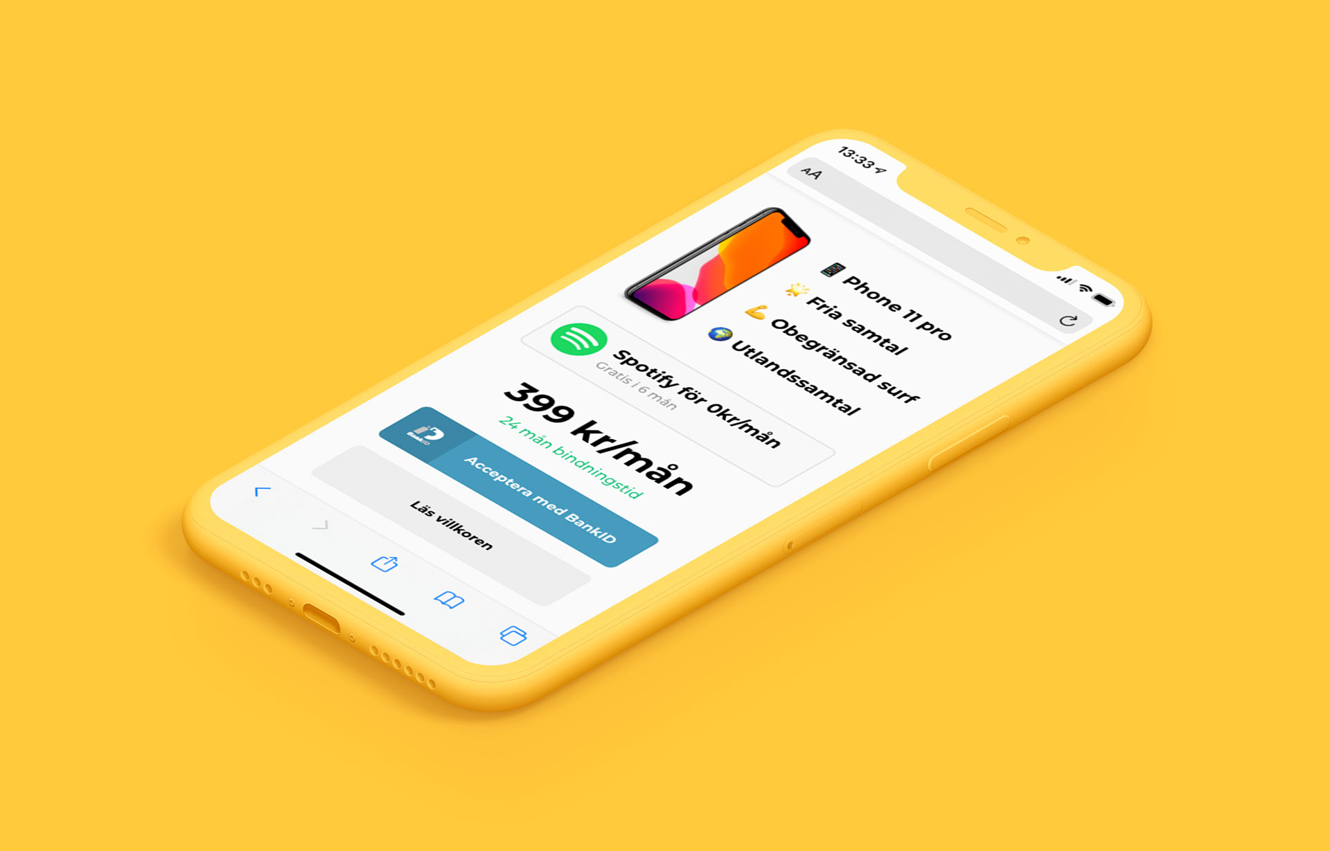 Phone showing a personalised telecom offer with Phone 11 Pro, Spotify and 399 kr per month, with BankID accept